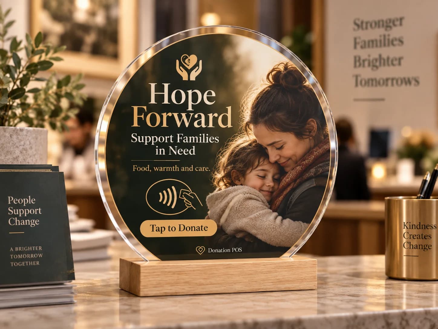 Tabletop acrylic sign featuring a mother and child for a family support campaign in a reception area.
