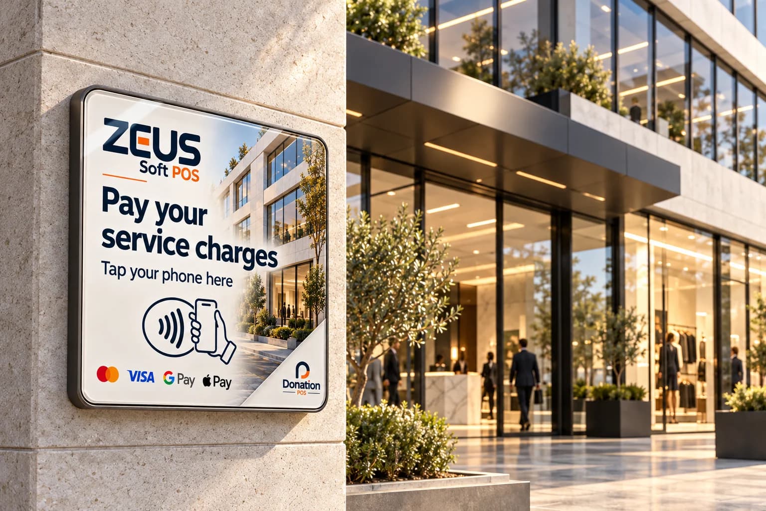 Illustrative ZEUS Soft POS NFC panel installation at a building entrance