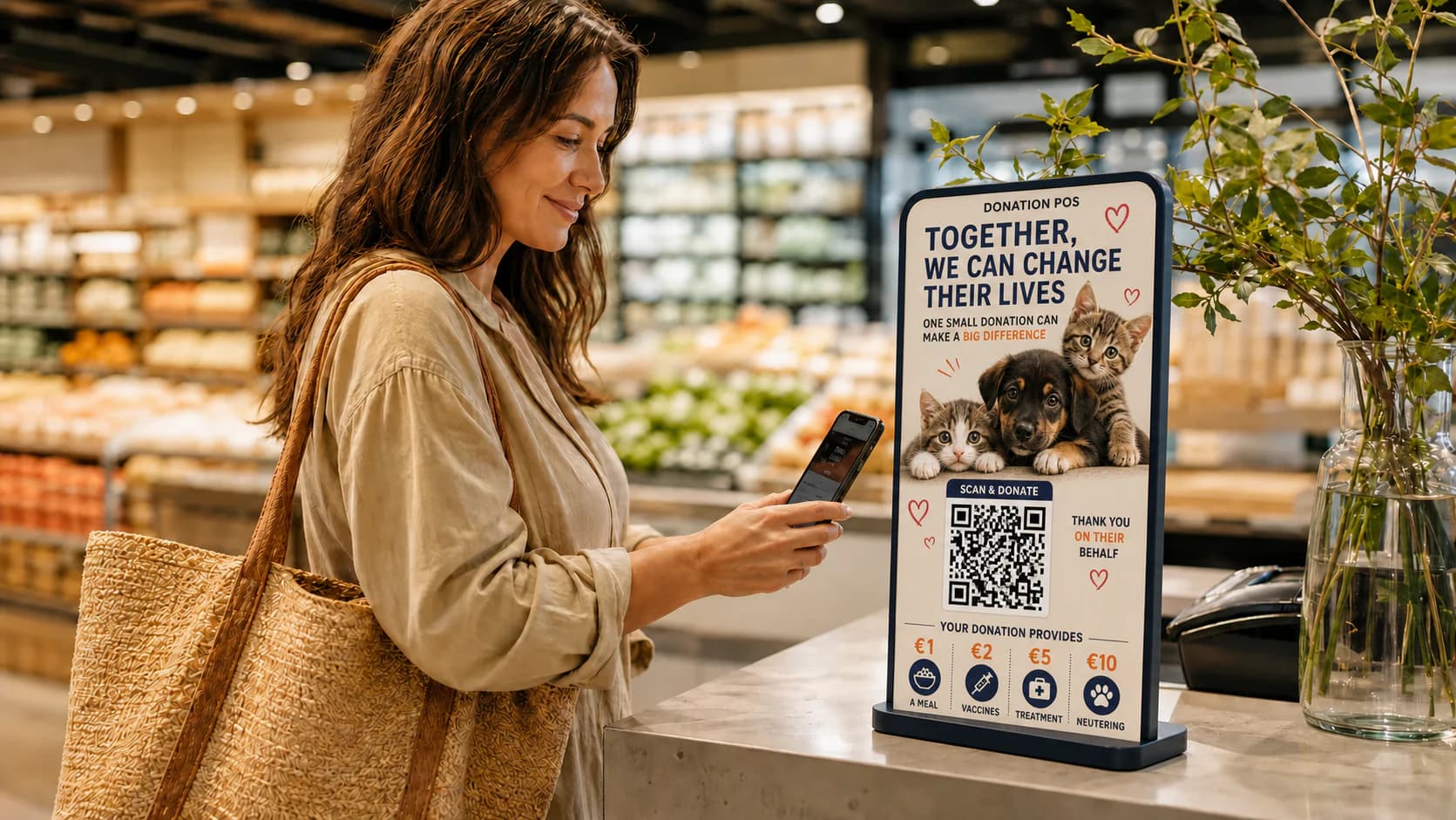 Клиент сканира премиум QR дисплей на Donation POS на каса в супермаркет