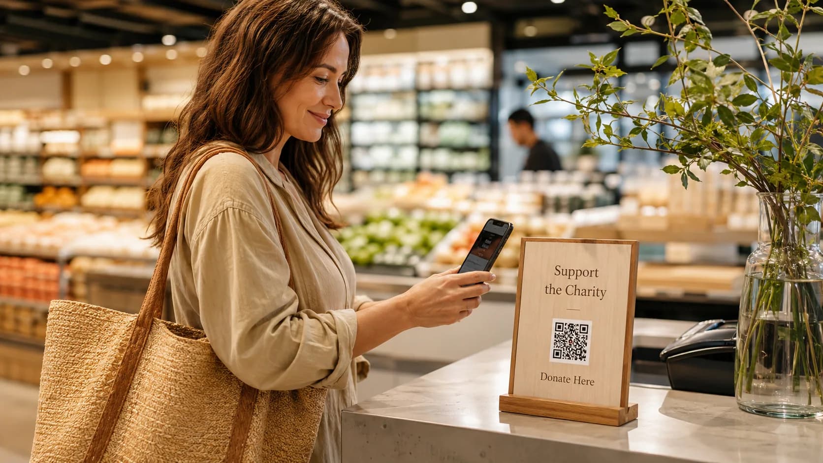 A shopper scanning a “Support the Charity — Donate Here” QR stand at a grocery counter