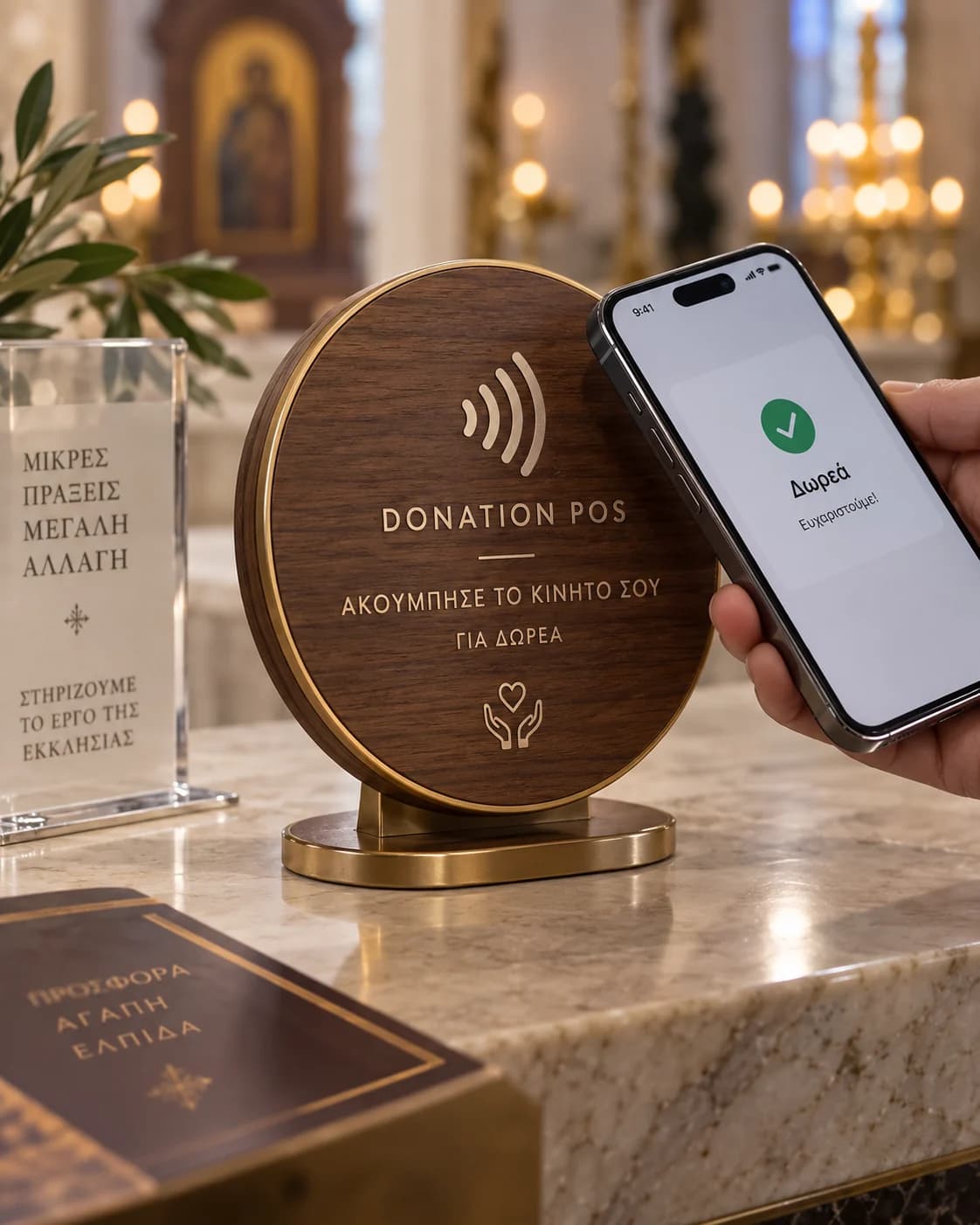 Supporto rotondo in legno Donation POS con simbolo NFC in una chiesa, accanto a un telefono che mostra la conferma di una donazione