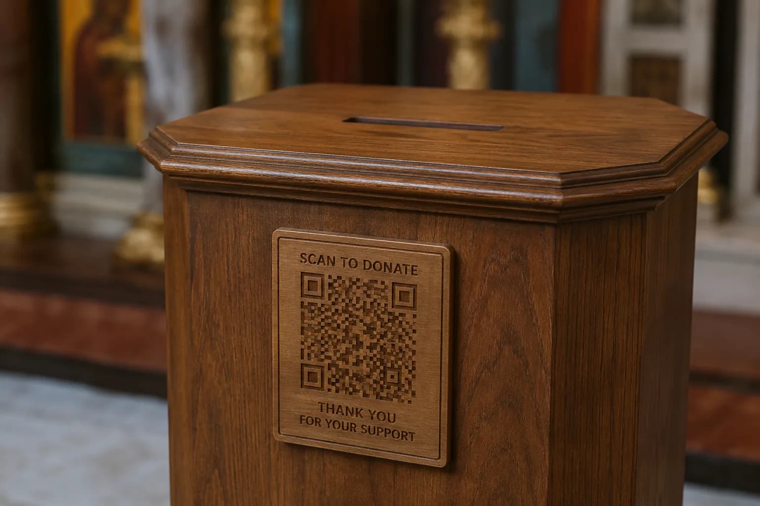 Дървена кутия за дарения с гравирана QR табелка