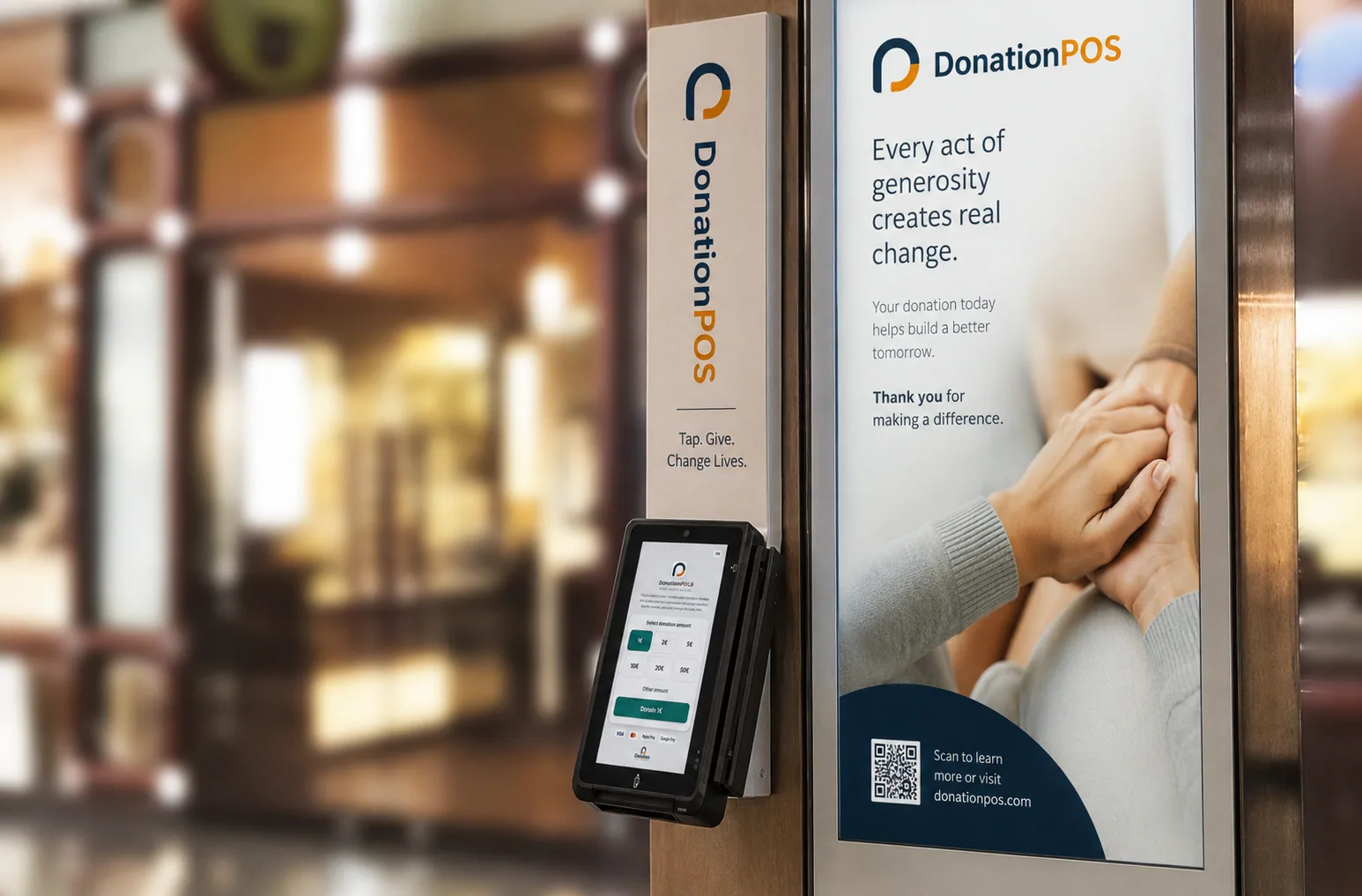 A wall-mounted Donation POS terminal beside a branded donation sign in a building entrance
