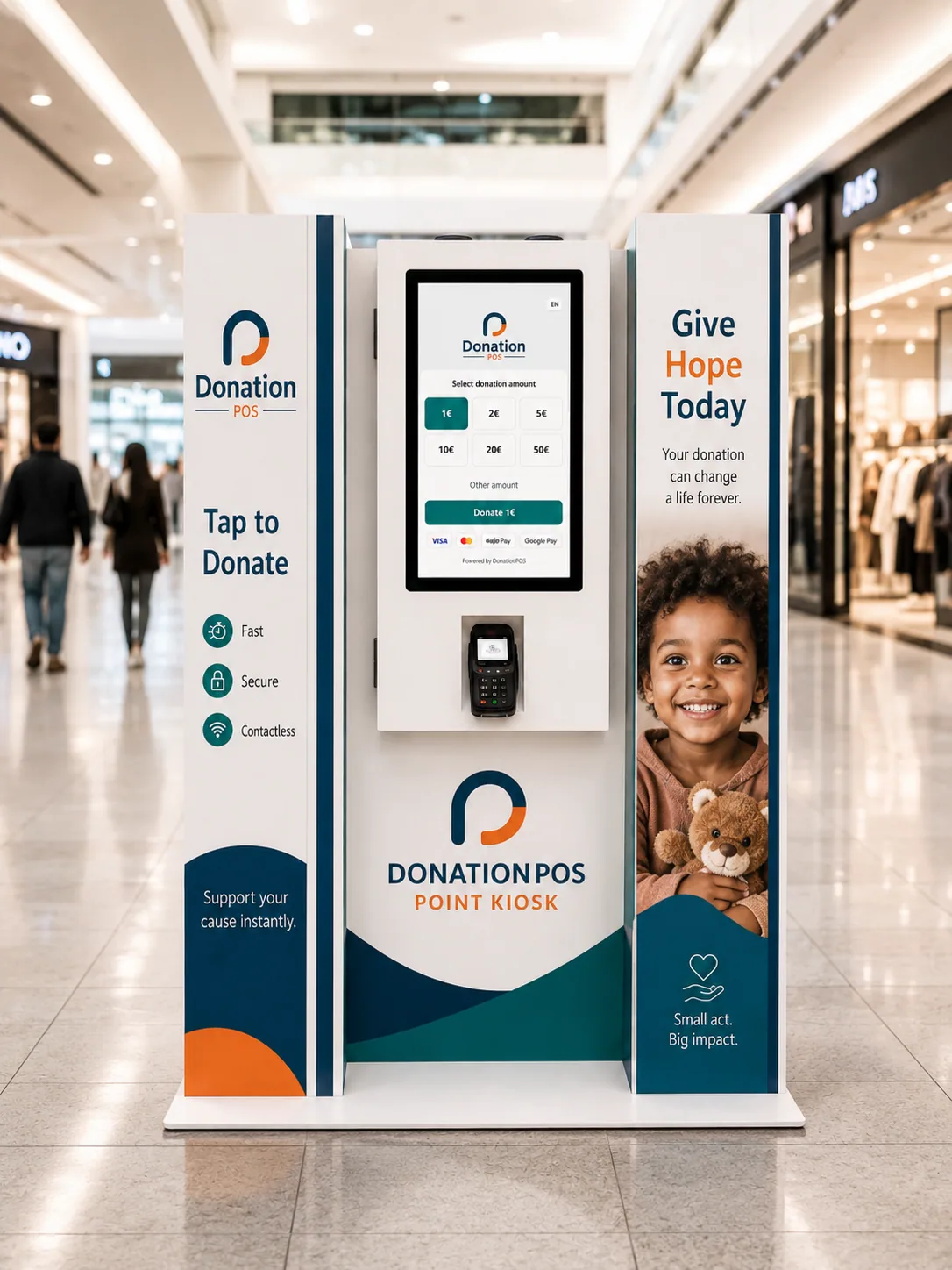 A free-standing Donation POS touch-screen kiosk in a shopping centre