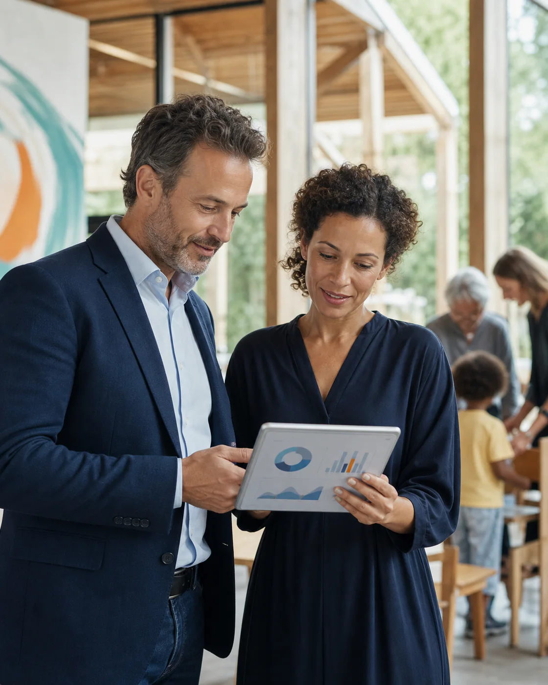 Δύο συνεργάτες συζητούν μπροστά σε ένα tablet σε χώρο κοινωνικής δράσης