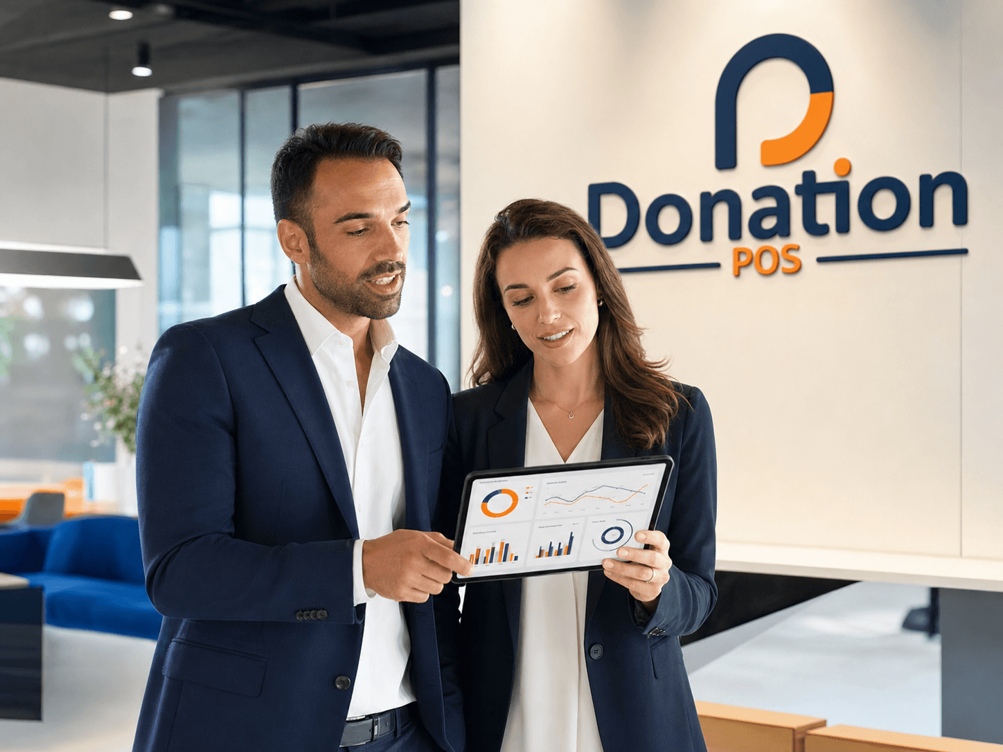 Donation POS and corporate programme leads review a social-impact report on a tablet in front of the platform logo