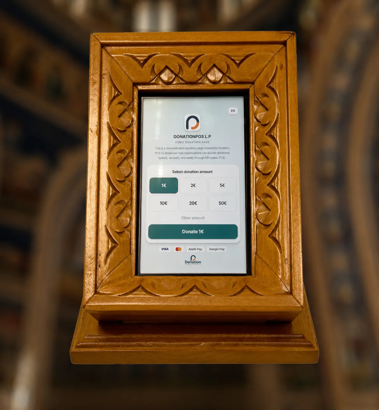 The digital church donation box — a hand-carved Byzantine frame housing a Donation POS terminal