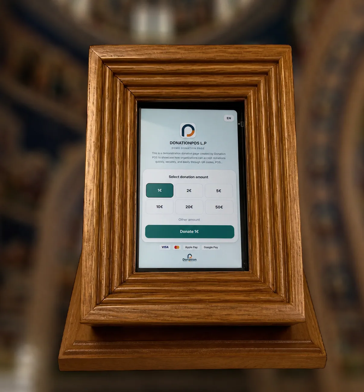 Contemporary wooden POS stand for digital donation box