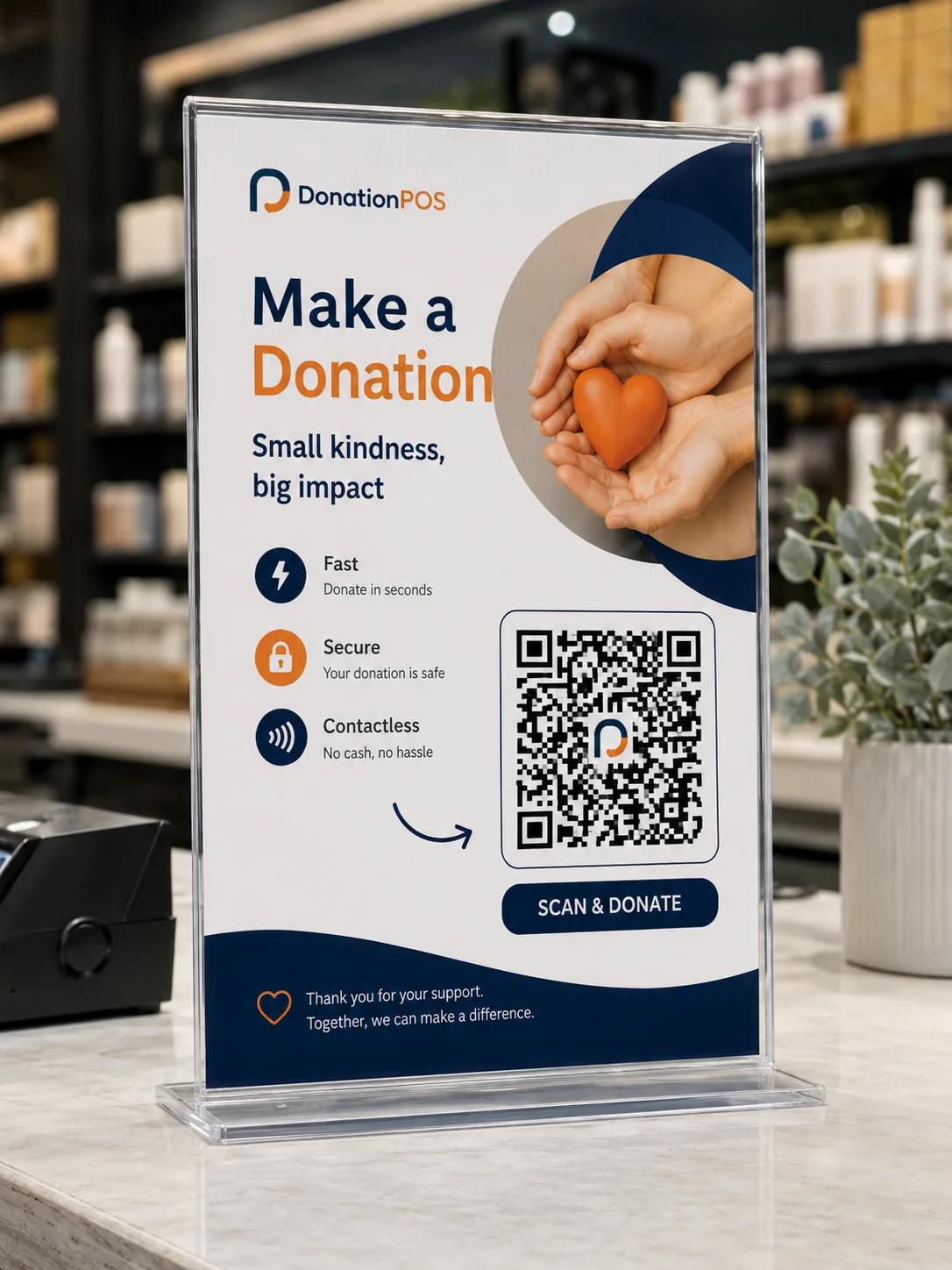 Donation POS Point — donation kiosk with a 'Scan to donate' QR code
