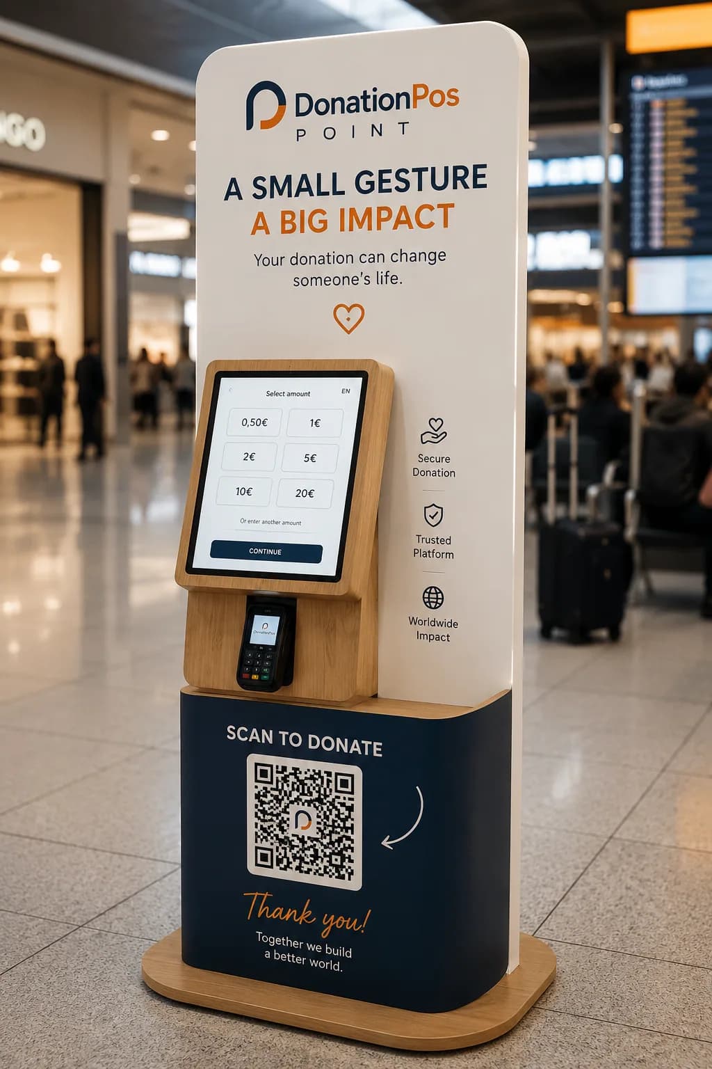 Donation POS Point — wooden donation kiosk with QR and contactless POS