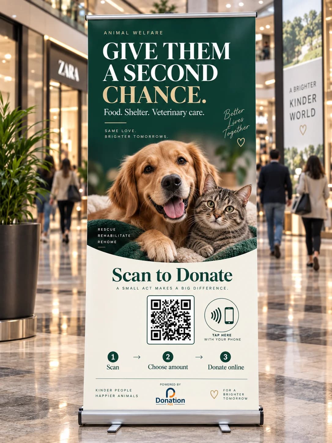 Animal welfare Roll-up featuring a dog, a cat and a donation QR code in a shopping centre.
