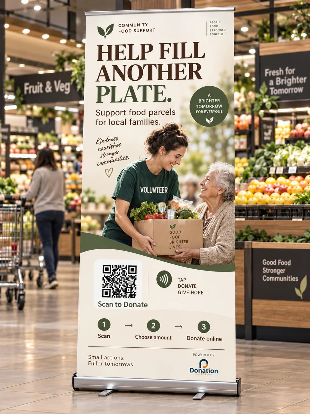 Roll-up with a donation QR code supporting local families, displayed in a supermarket.