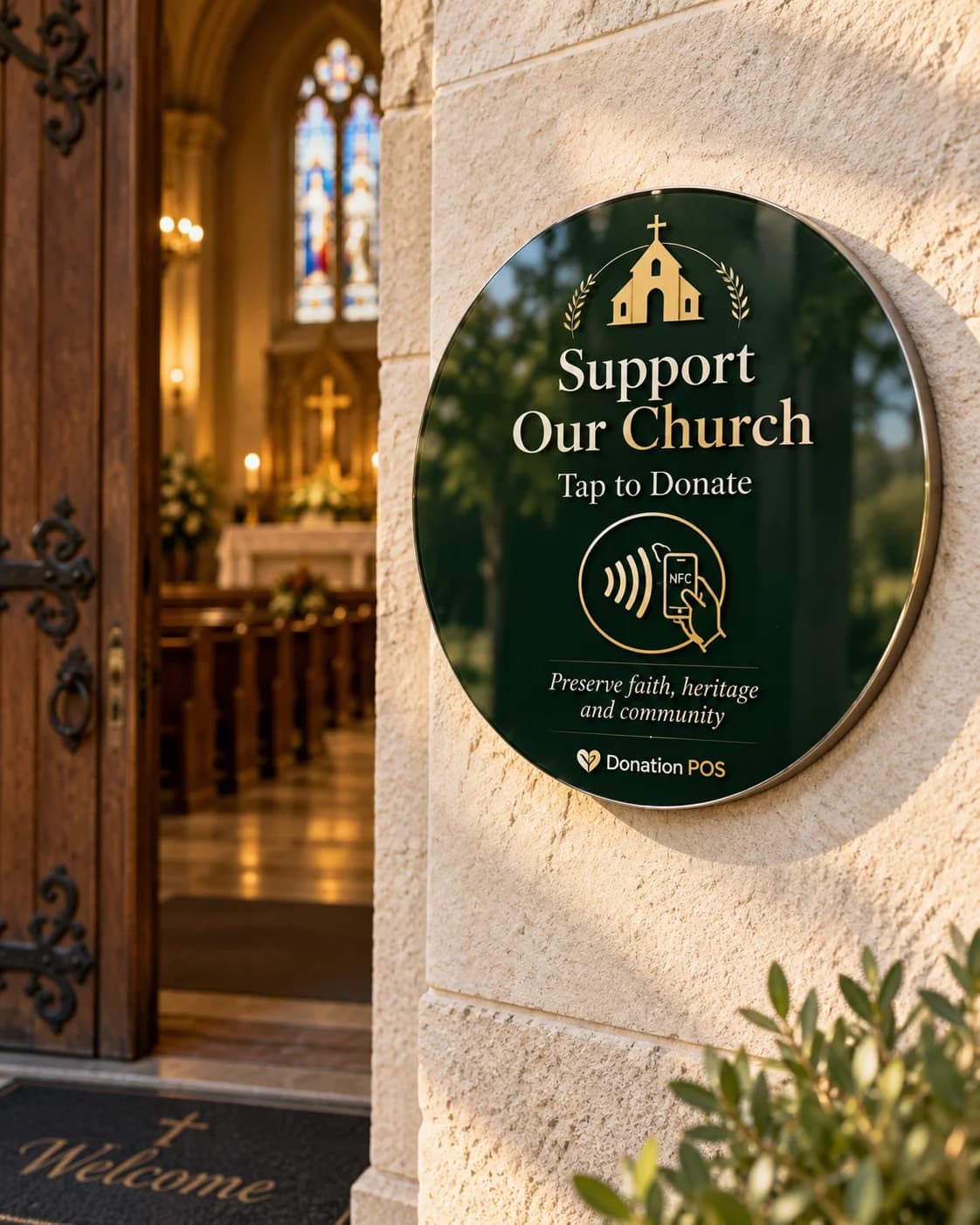 Round green wall sign supporting a church, mounted on a stone wall beside its entrance.