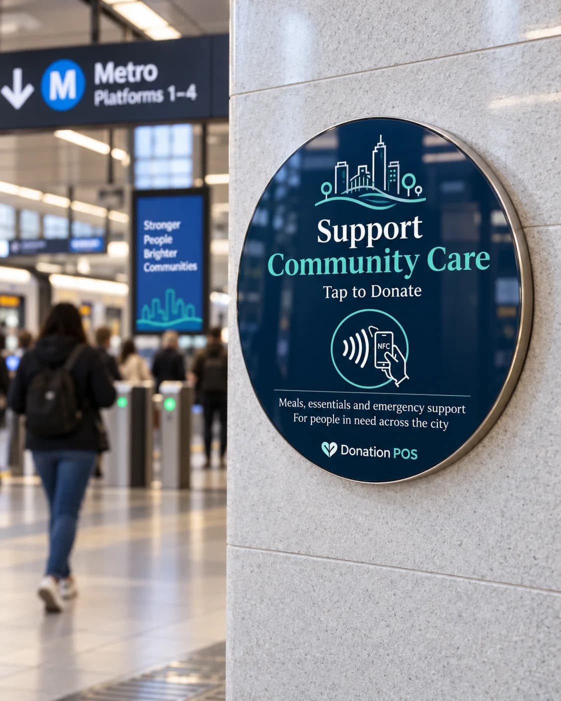 Round blue community care wall sign in a metro station near the platform entrances.
