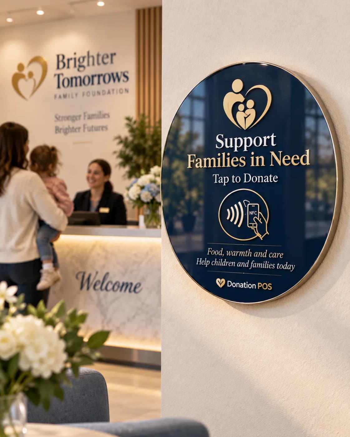 Round blue wall sign supporting families beside a charity’s reception desk.