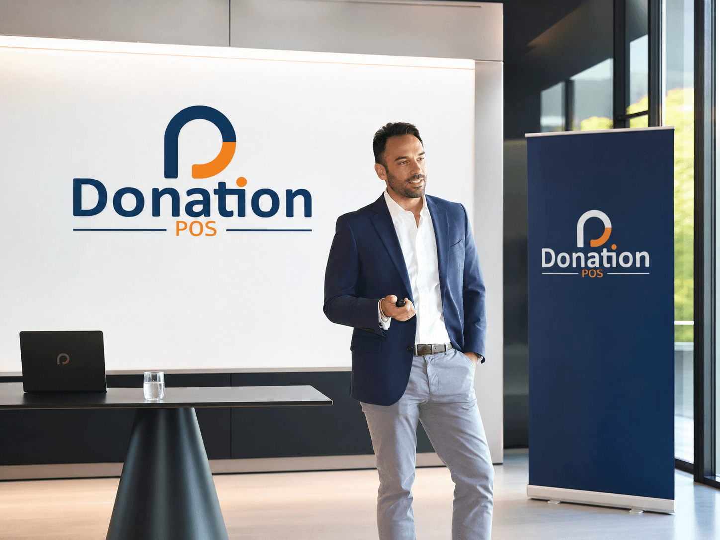Un rappresentante di Donation POS presenta a un evento professionale davanti al logo dell'azienda
