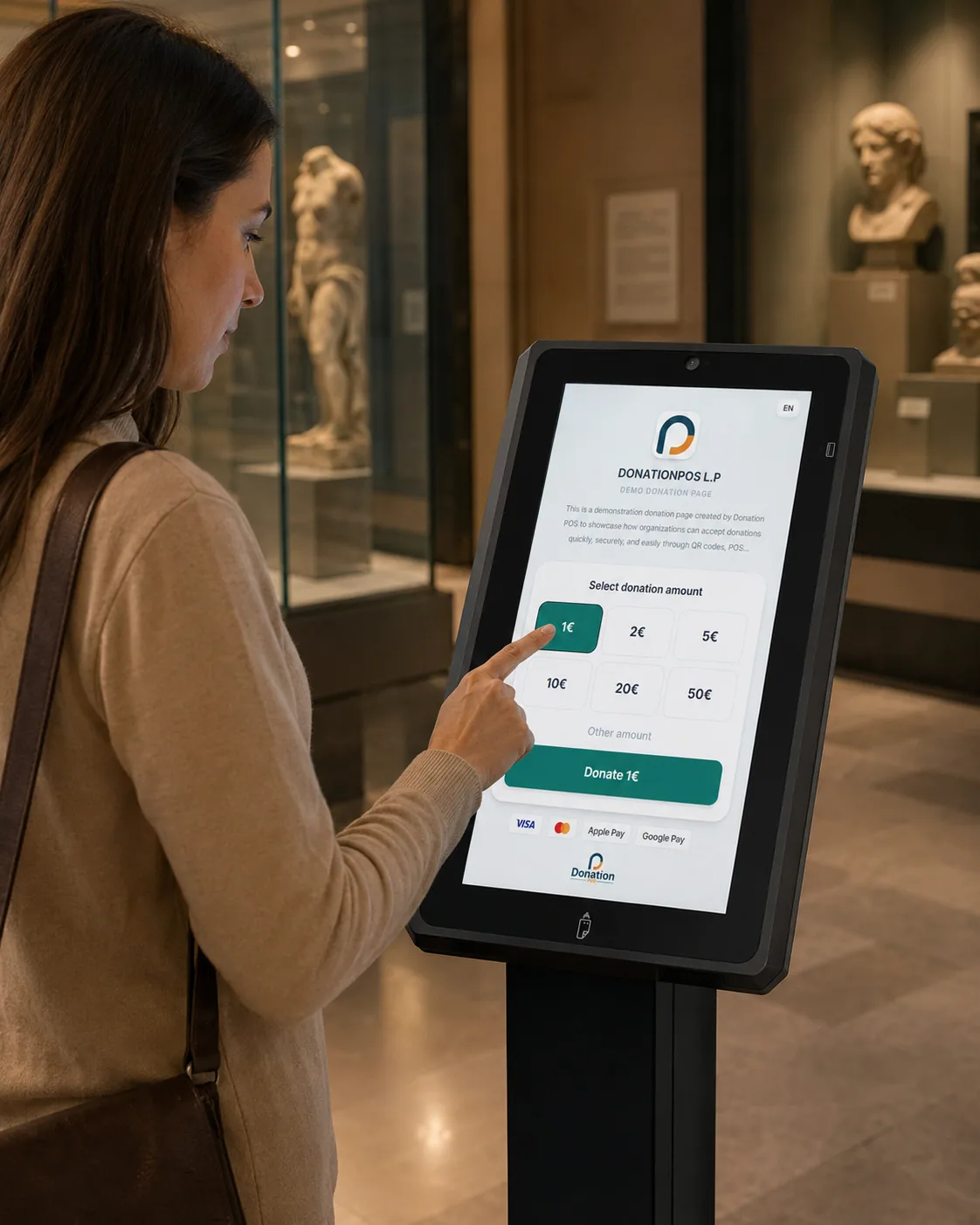 A museum visitor selecting a donation amount on a Donation POS touch screen