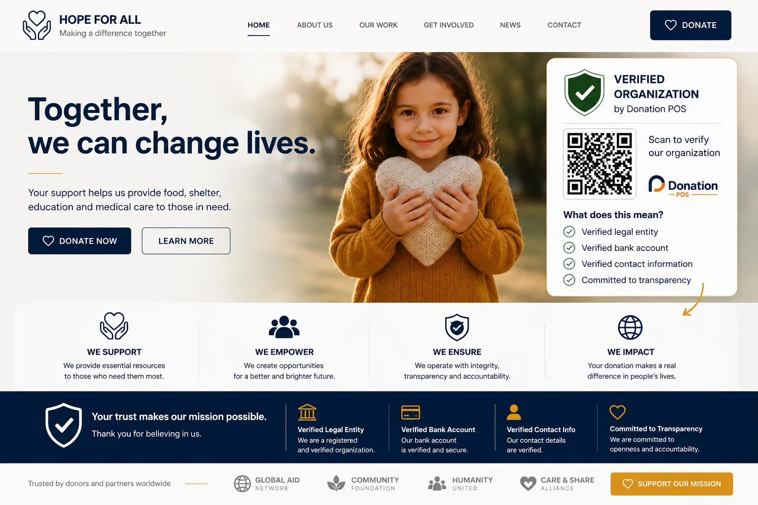An organisation's own website with a branded donation page and a Verified Organization badge